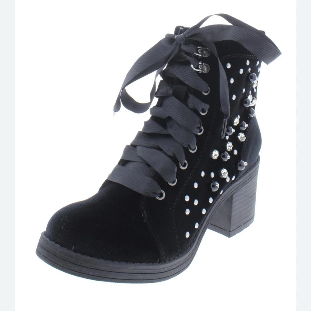 Madden Girl Womens Veera Embellished Velvet Combat Boots sz 9 black